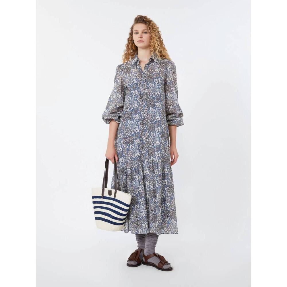 NEW WEEKEND MAX MARA voile patterned long shirt dress in navy